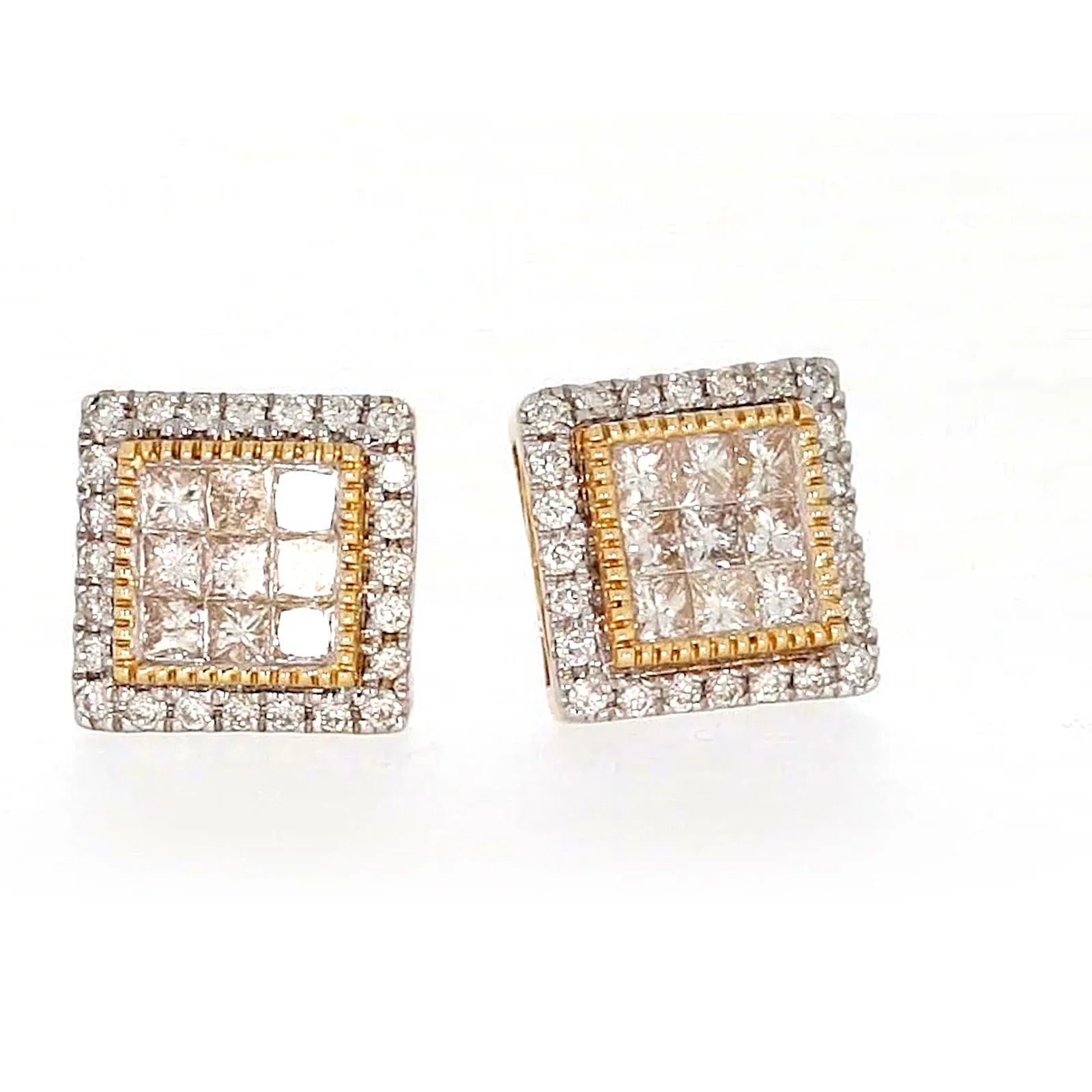 New York 14ct Yellow Gold Round Brilliant & Princess Cut 3/4 CARAT tw of Diamonds Stud Earrings
