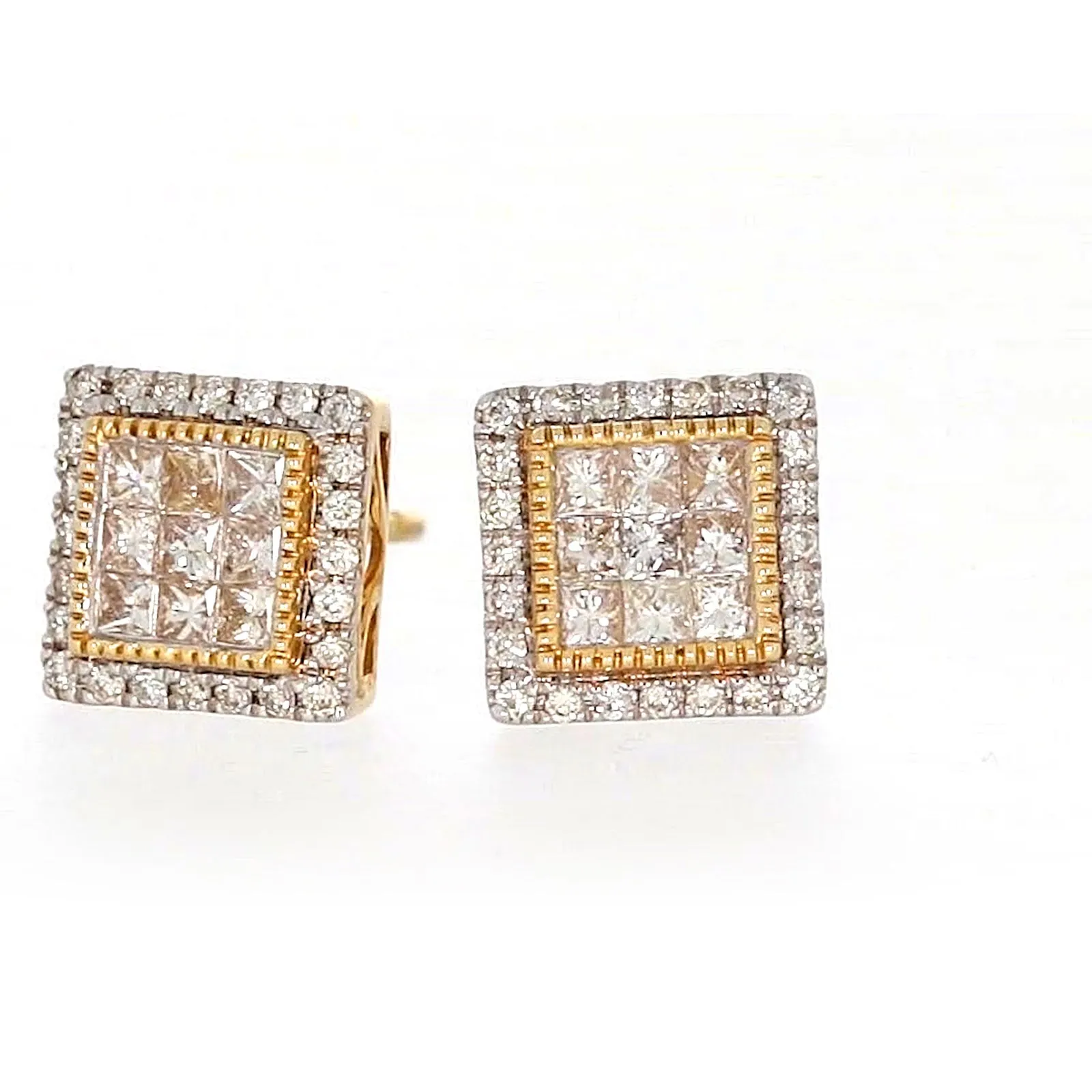 New York 14ct Yellow Gold Round Brilliant & Princess Cut 3/4 CARAT tw of Diamonds Stud Earrings