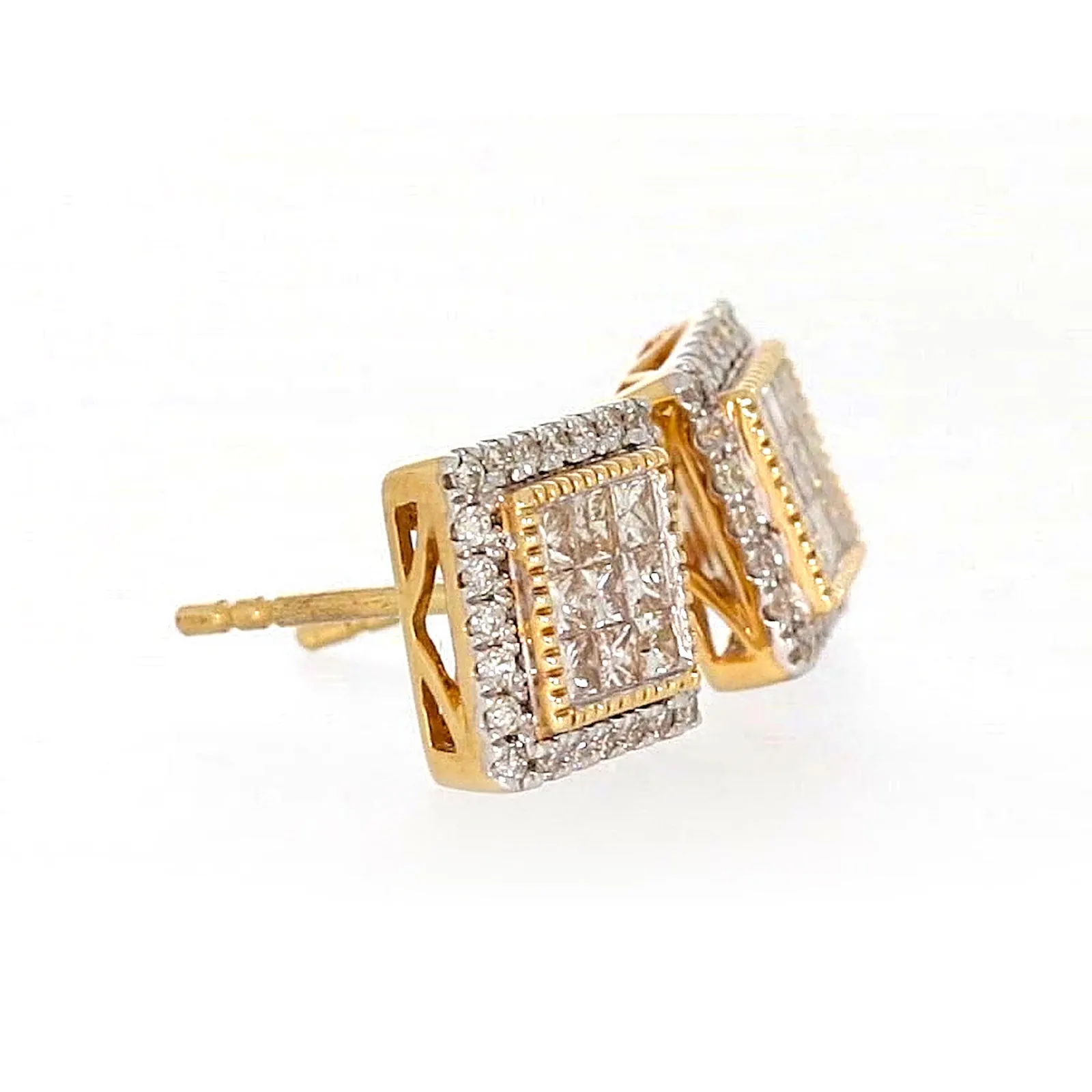 New York 14ct Yellow Gold Round Brilliant & Princess Cut 3/4 CARAT tw of Diamonds Stud Earrings