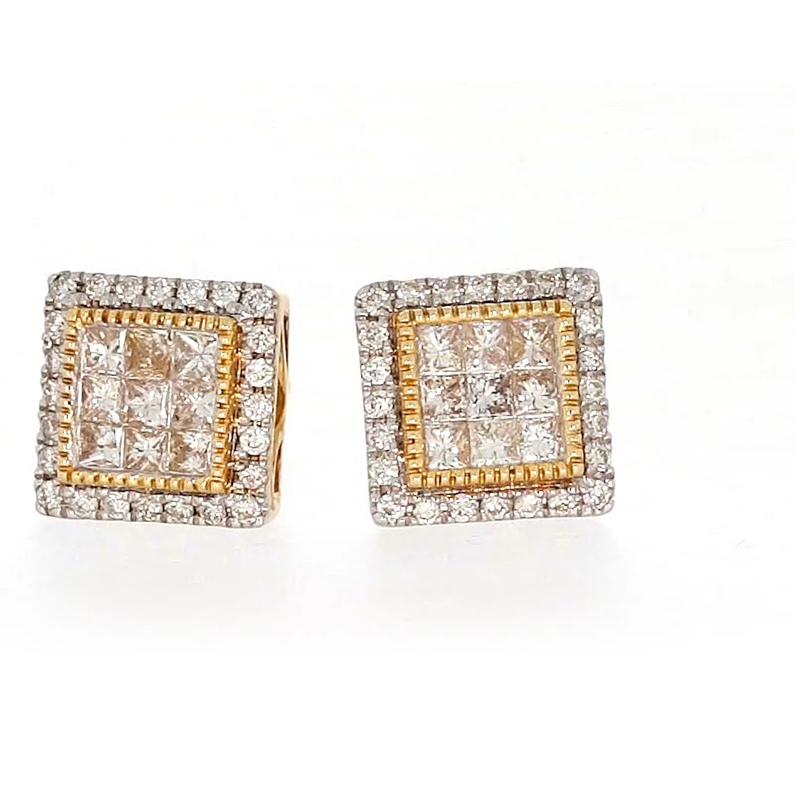 New York 14ct Yellow Gold Round Brilliant & Princess Cut 3/4 CARAT tw of Diamonds Stud Earrings