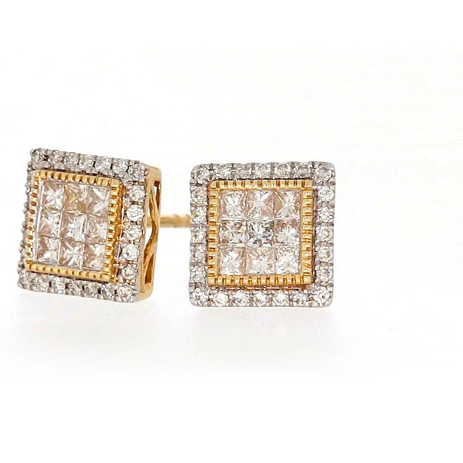New York 14ct Yellow Gold Round Brilliant & Princess Cut 3/4 CARAT tw of Diamonds Stud Earrings