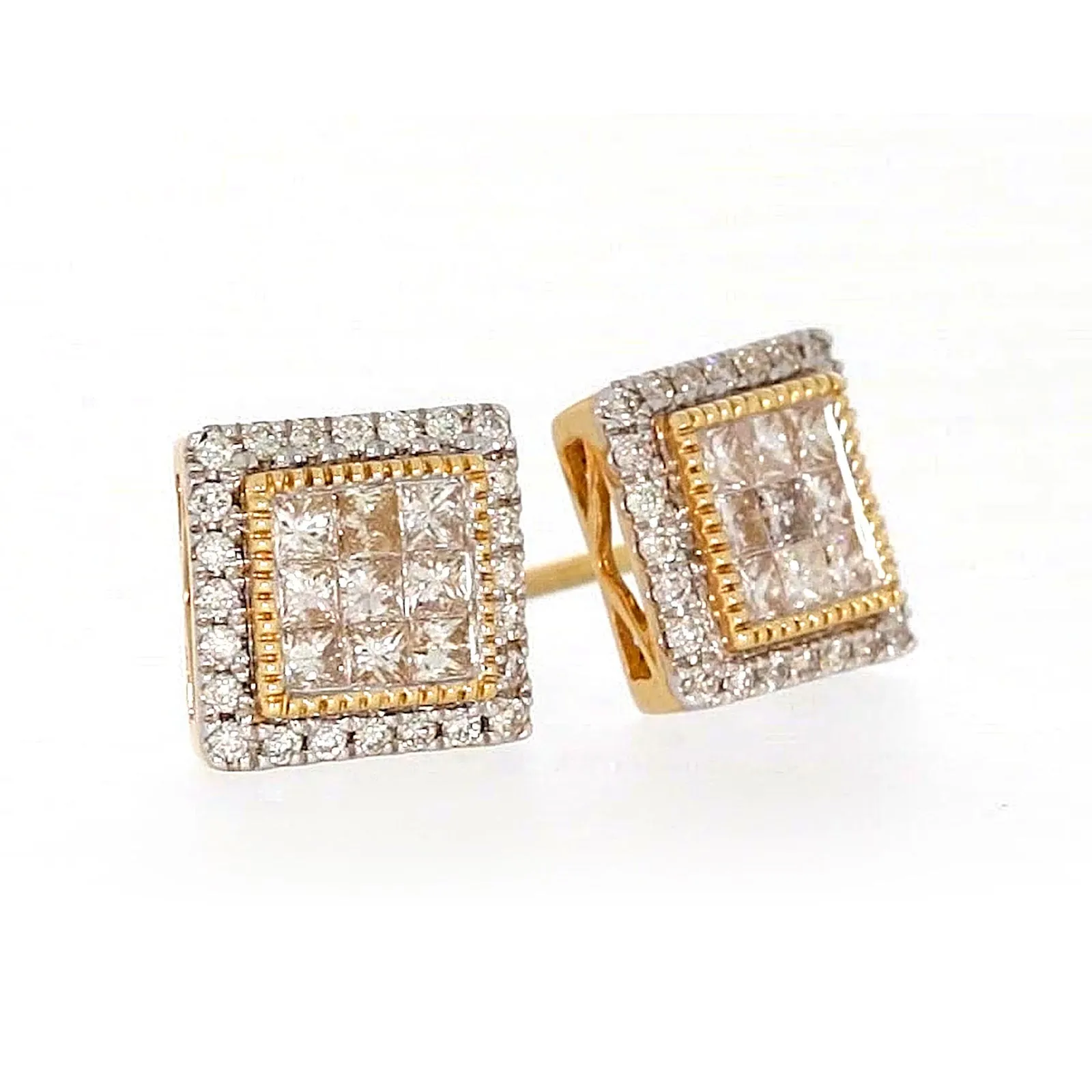 New York 14ct Yellow Gold Round Brilliant & Princess Cut 3/4 CARAT tw of Diamonds Stud Earrings