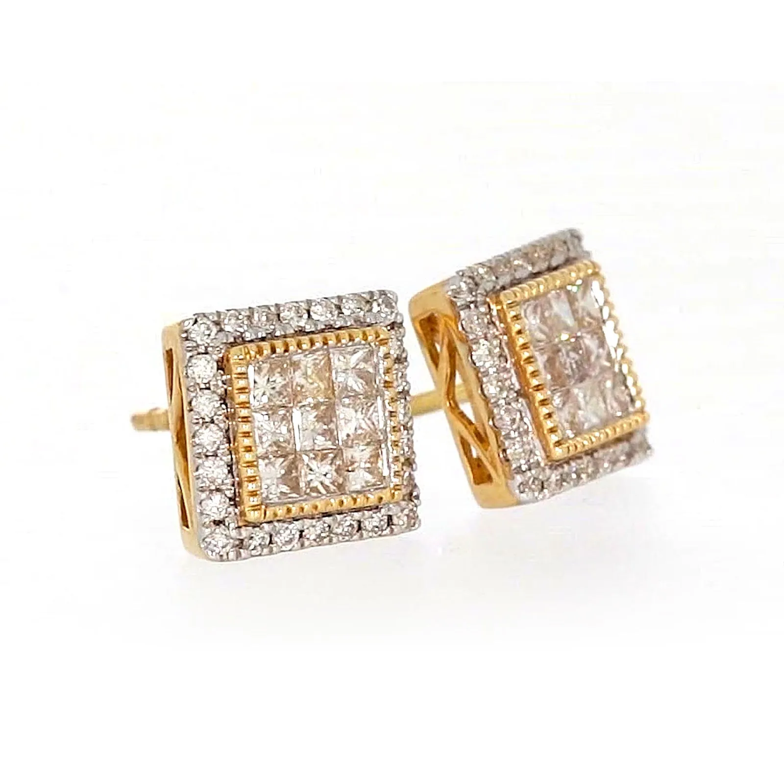 New York 14ct Yellow Gold Round Brilliant & Princess Cut 3/4 CARAT tw of Diamonds Stud Earrings