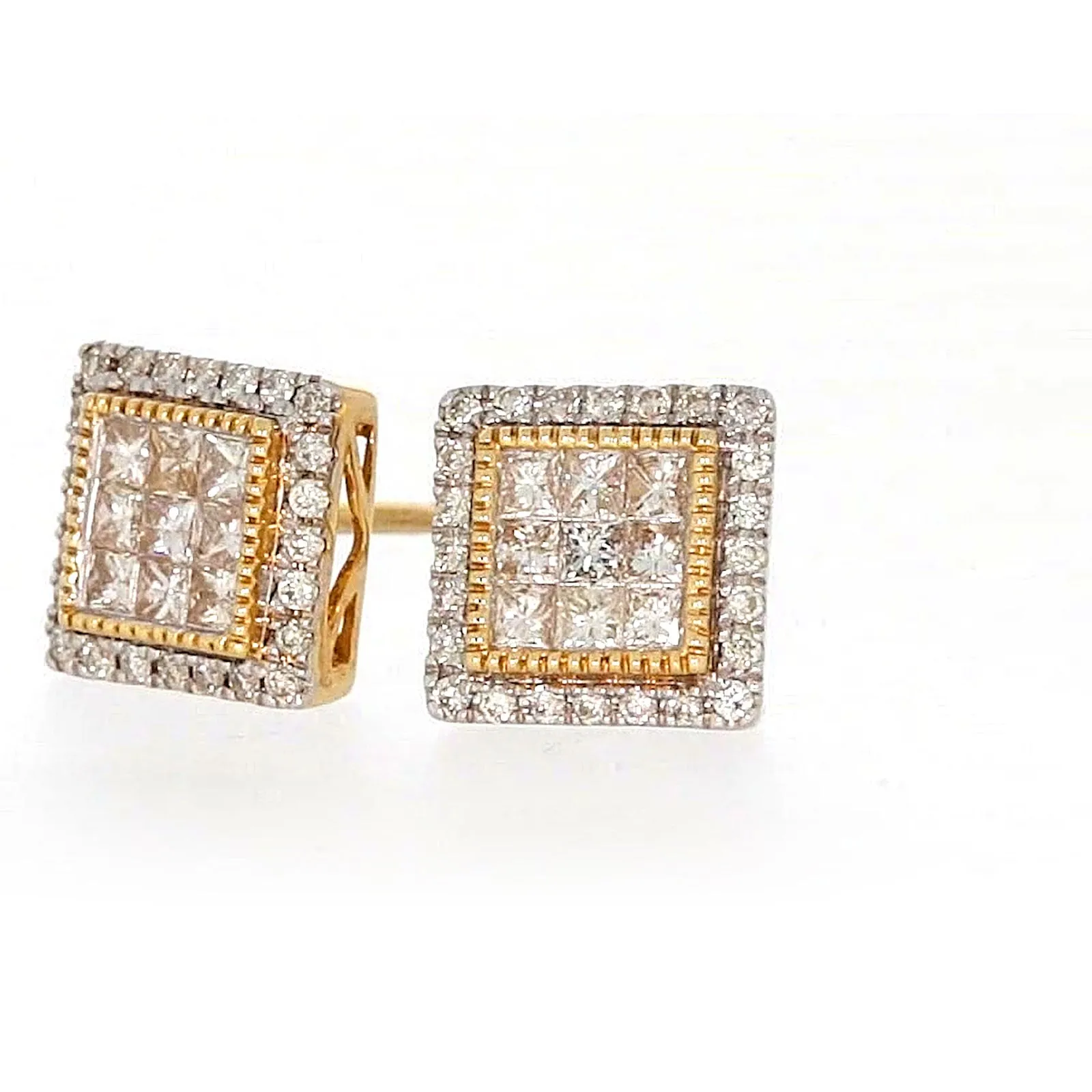 New York 14ct Yellow Gold Round Brilliant & Princess Cut 3/4 CARAT tw of Diamonds Stud Earrings
