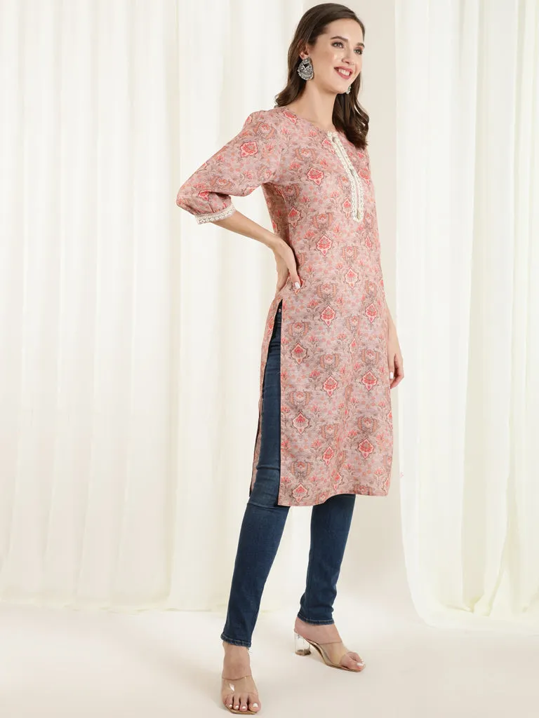 Peach Mirror Work Printed Straight Kurta