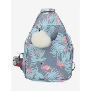 Pompom Flamingo Print Crossbody Bag - Baby Blue