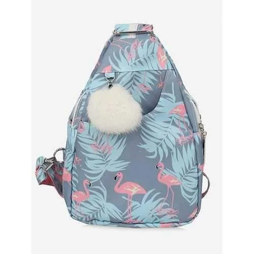 Pompom Flamingo Print Crossbody Bag - Baby Blue