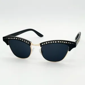 Rhinestone Browline Cat Eye Sunglasses - Black