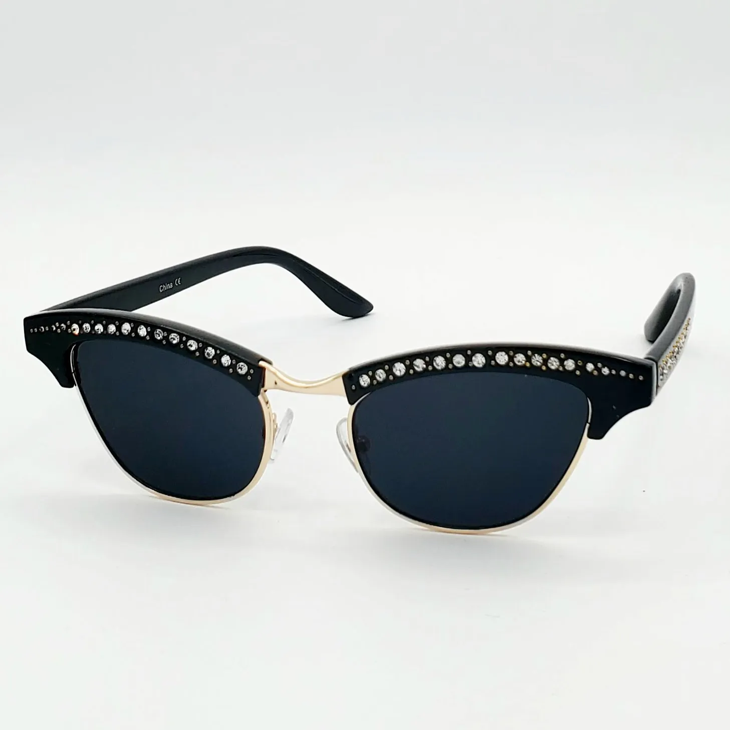 Rhinestone Browline Cat Eye Sunglasses - Black