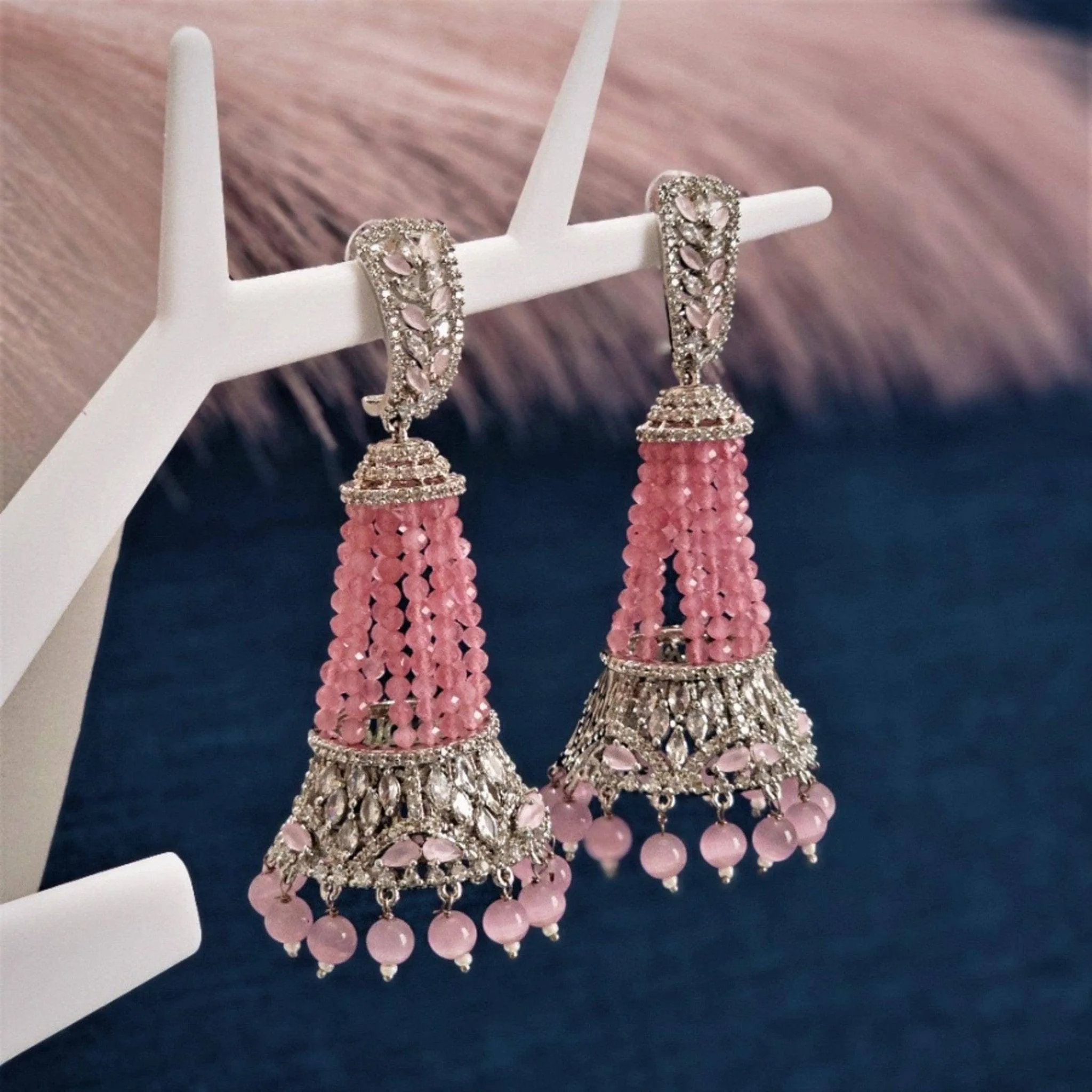 Rosa - Pink Silver AD and Pearl Jhumki Earrings