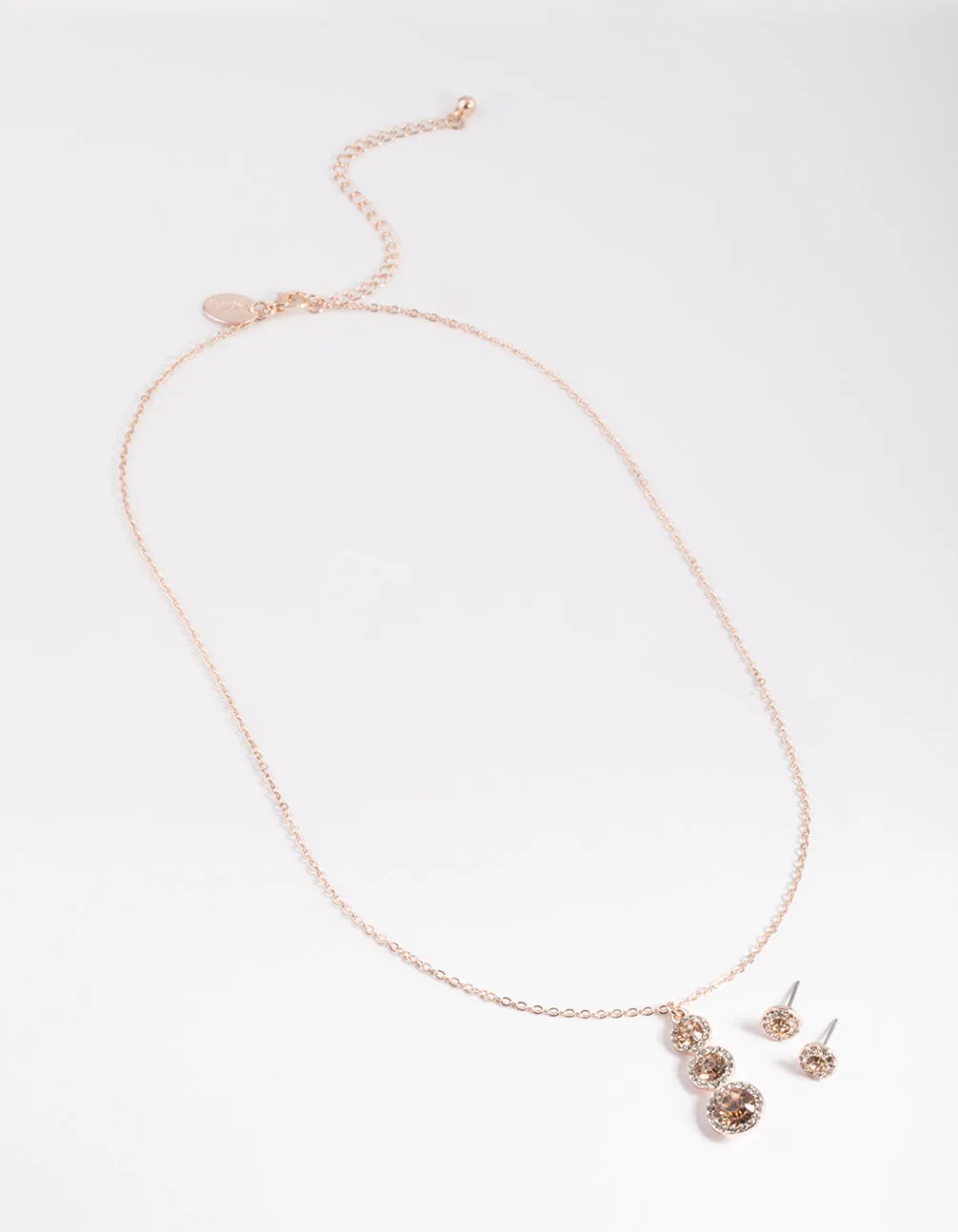 Rose Gold Round Halo Drop Necklace & Stud Earrings