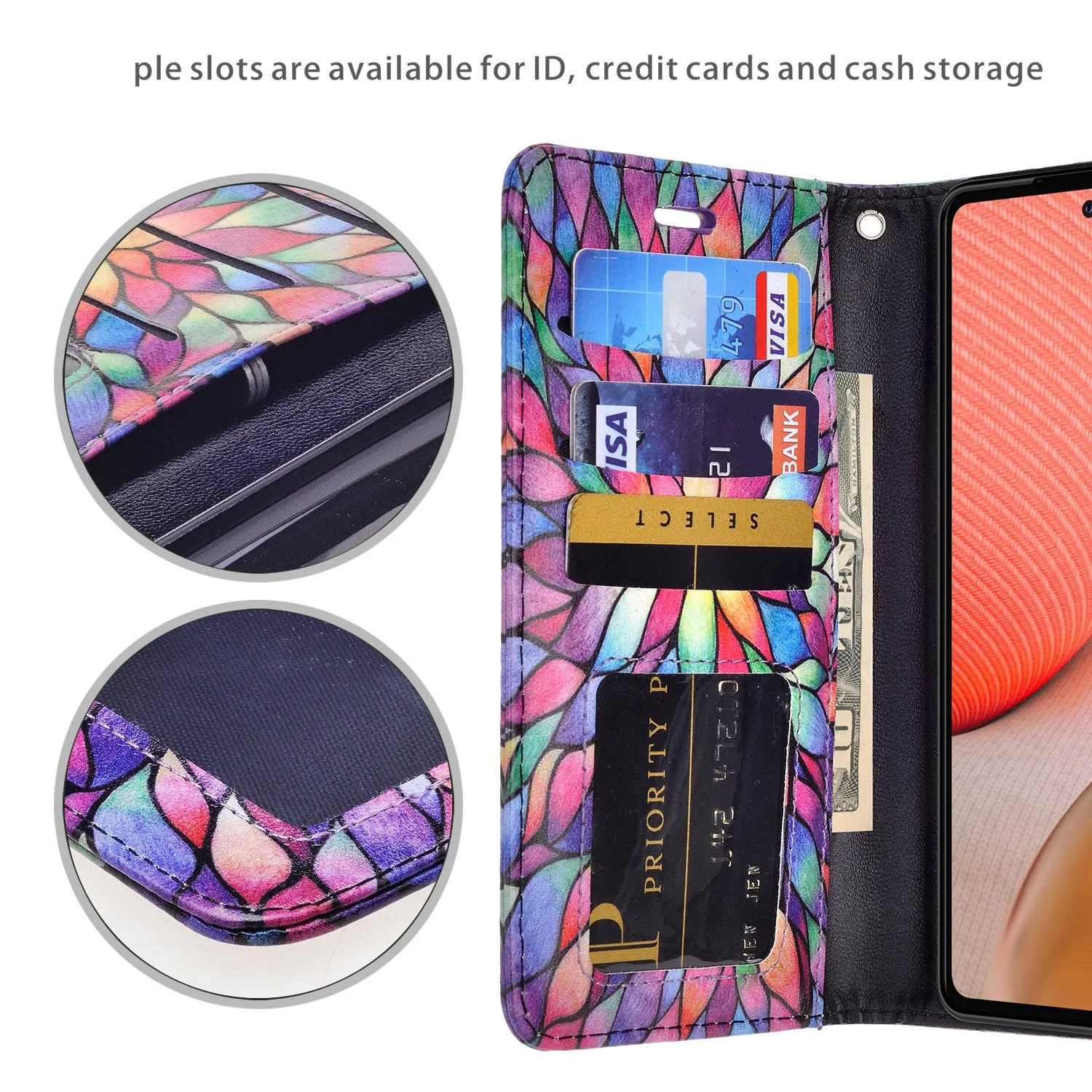 Samsung Galaxy A52 5G Case, Galaxy A52 5G Wallet Case, Wrist Strap Pu Leather Wallet Case [Kickstand] with ID & Credit Card Slots - Rainbow Flower