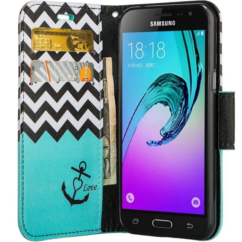Samsung Galaxy Core Prime Wallet Case, Wrist Strap Flip [Kickstand] Pu Leather Wallet Case with ID & Credit Card Slots, Teal Anchor