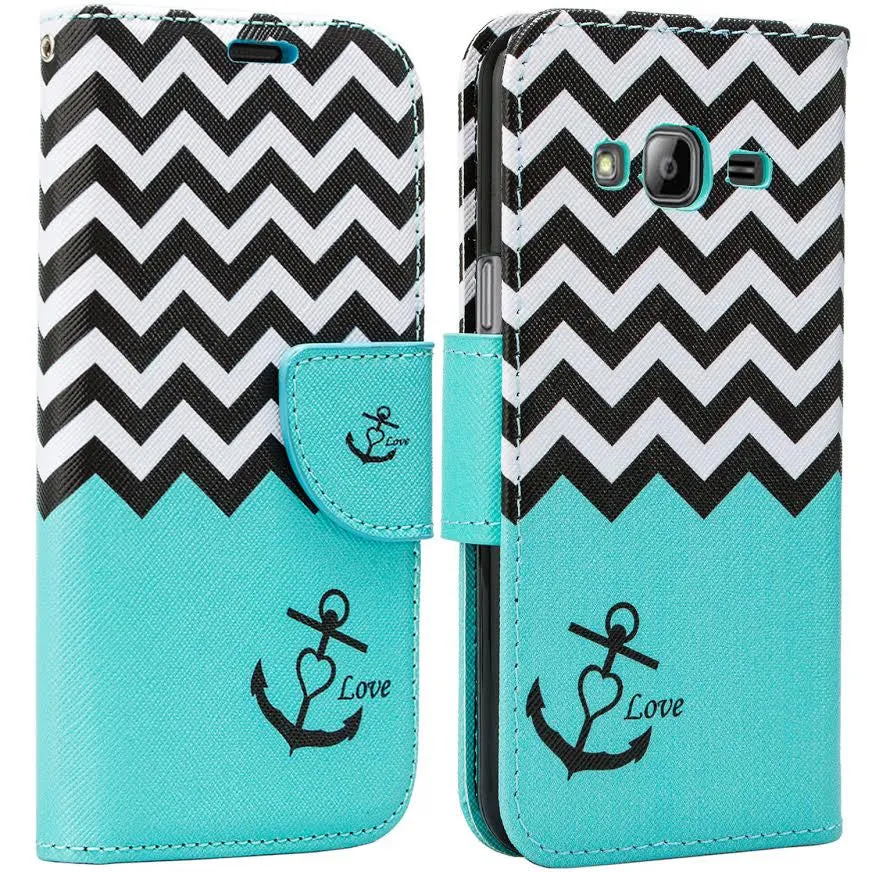 Samsung Galaxy Core Prime Wallet Case, Wrist Strap Flip [Kickstand] Pu Leather Wallet Case with ID & Credit Card Slots, Teal Anchor