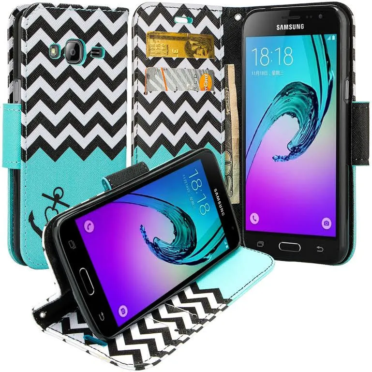 Samsung Galaxy Core Prime Wallet Case, Wrist Strap Flip [Kickstand] Pu Leather Wallet Case with ID & Credit Card Slots, Teal Anchor