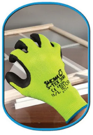 SHOWA Best Glove Size 9 S-TEX 300 Cut Resistant Black Natural Rubber Palm Coated Work Gloves With Seamless Hi-Viz Yellow Hagane Coil Fiber Liner
