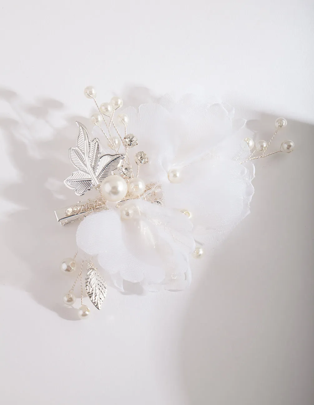 Silver White Fabric Flower Hair Clip