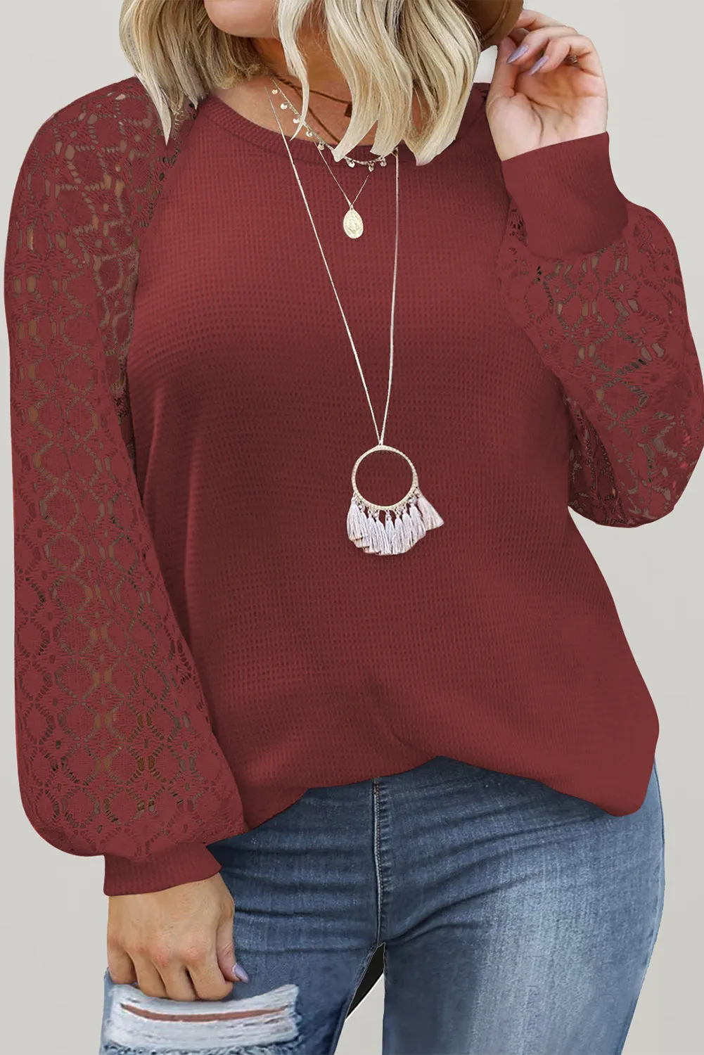 Strawberry Pink Plus Size Contrast Lace Sleeve Waffle Knit Top