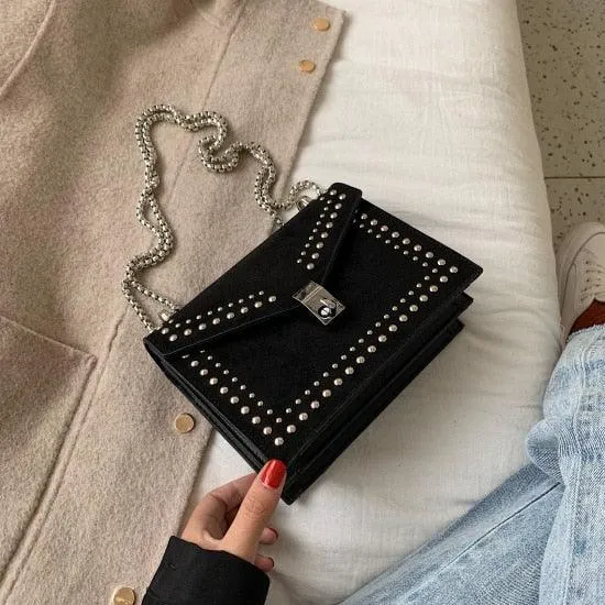 SUEDE STUDDED BAG WITH SILVER CHAIN
