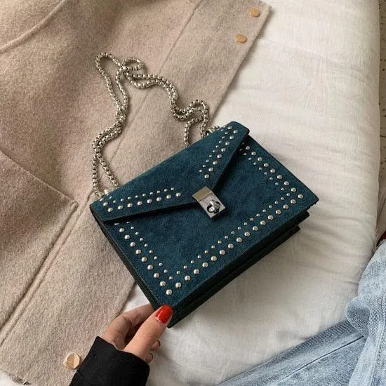 SUEDE STUDDED BAG WITH SILVER CHAIN