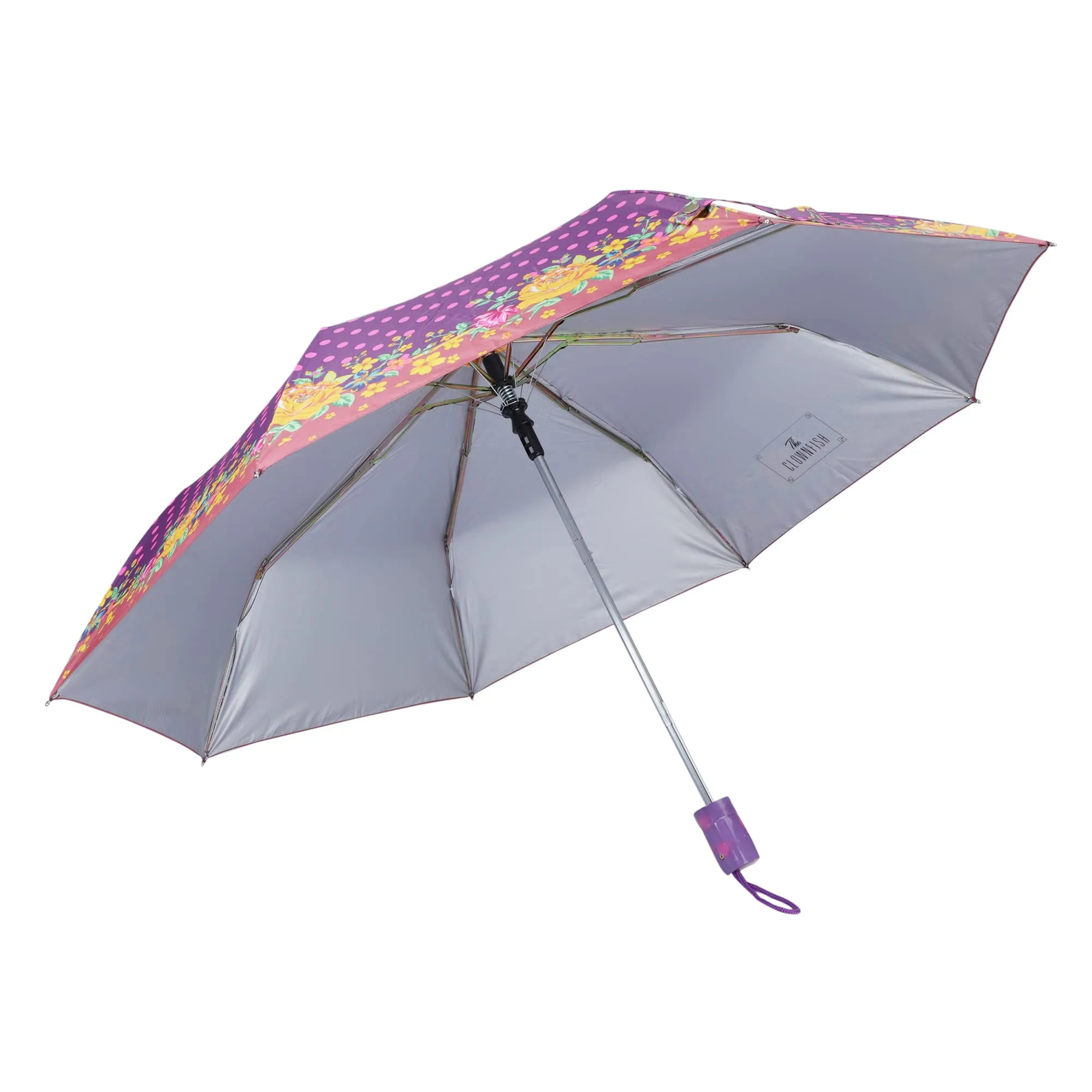 THE CLOWNFISH Umbrella Polka Dot Series 3 Fold Auto Open Waterproof Water Repellent Nylon Double Coated Silver Lined Umbrellas For Men and Women (Purple with Peach border)