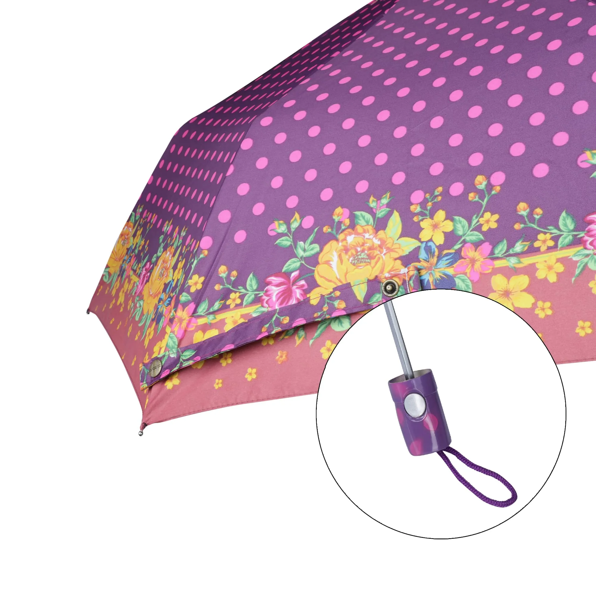 THE CLOWNFISH Umbrella Polka Dot Series 3 Fold Auto Open Waterproof Water Repellent Nylon Double Coated Silver Lined Umbrellas For Men and Women (Purple with Peach border)