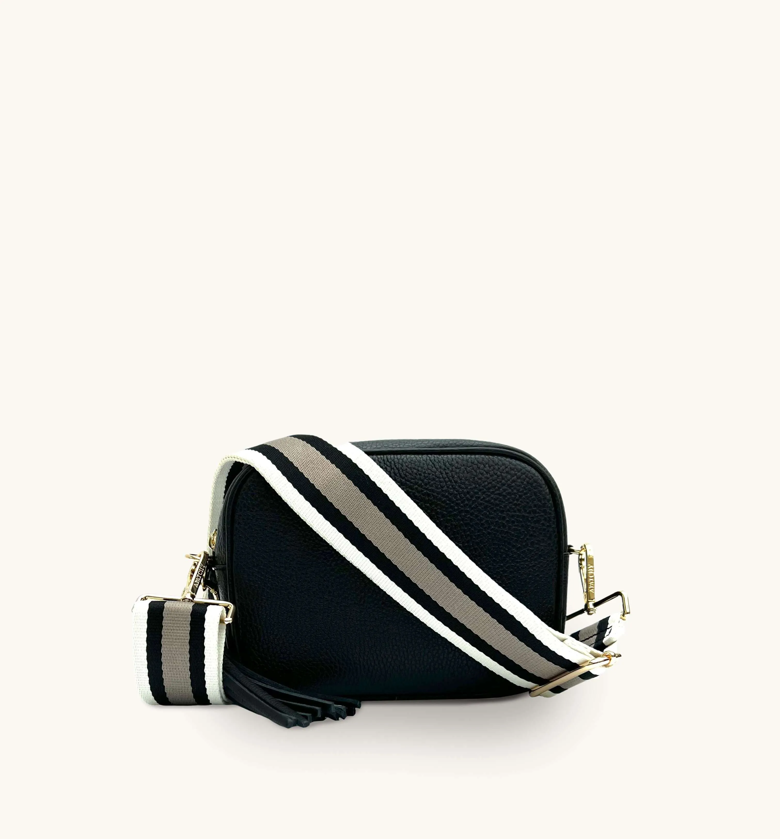 The Tassel Black Leather Crossbody Bag With Latte Stripe Strap