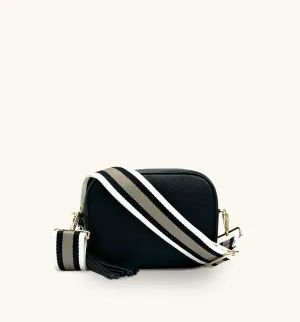 The Tassel Black Leather Crossbody Bag With Latte Stripe Strap