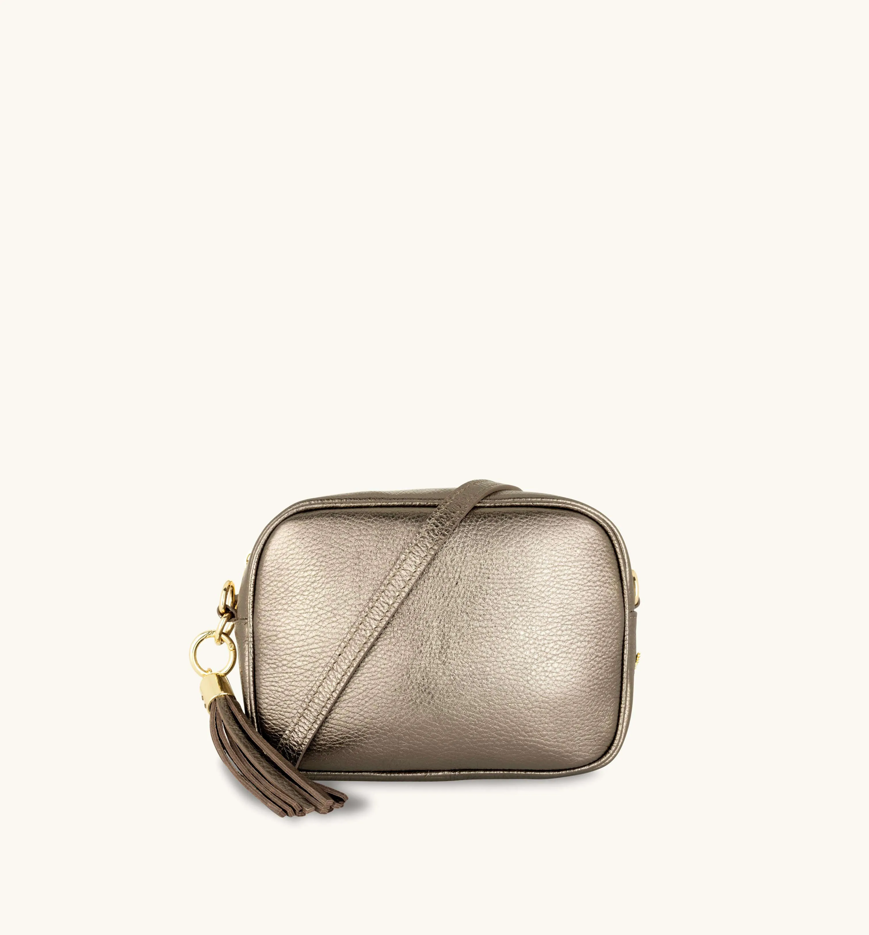 The Tassel Bronze Leather Crossbody Bag With Black & Gold Chevron Strap