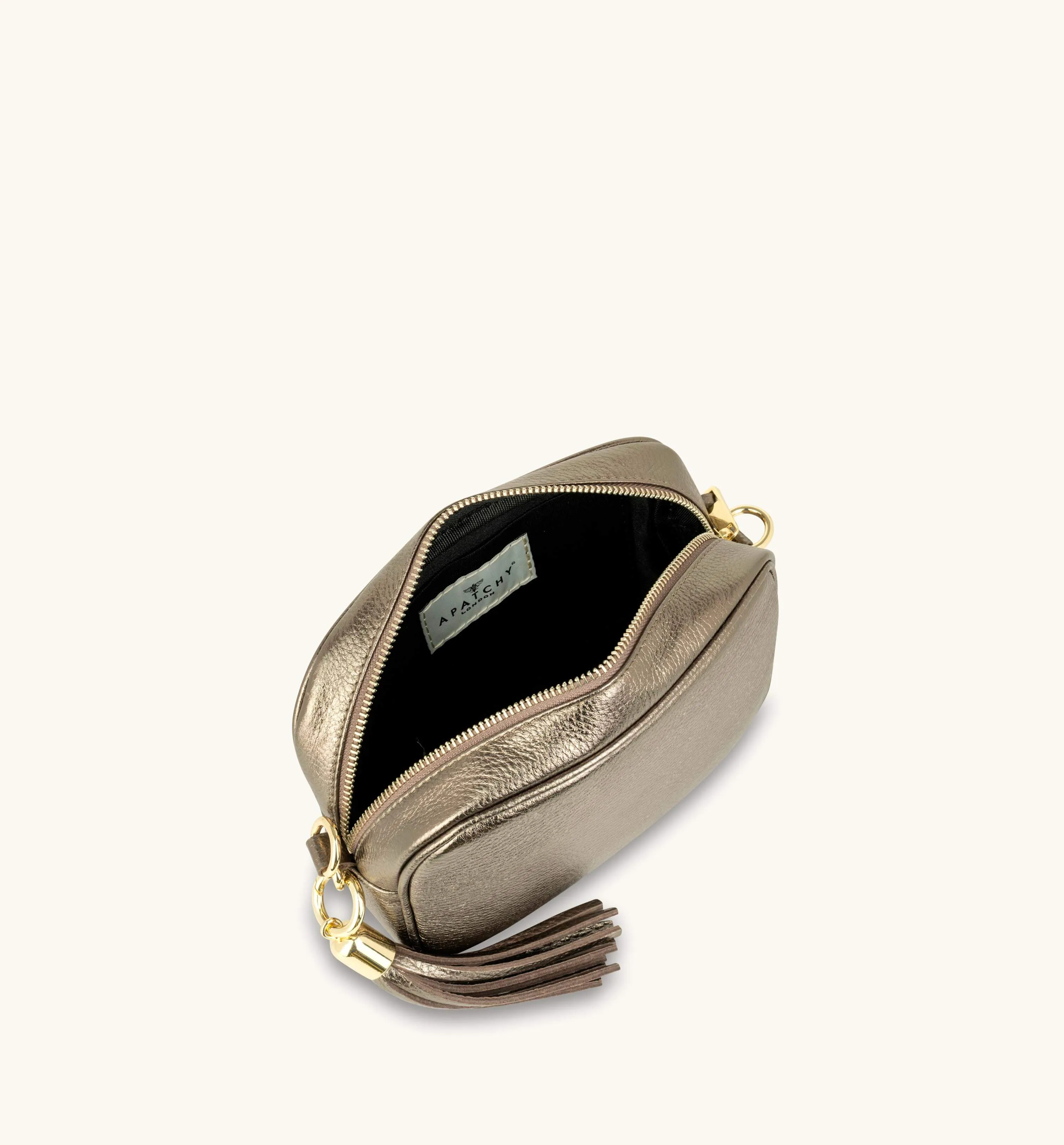 The Tassel Bronze Leather Crossbody Bag With Black & Gold Chevron Strap
