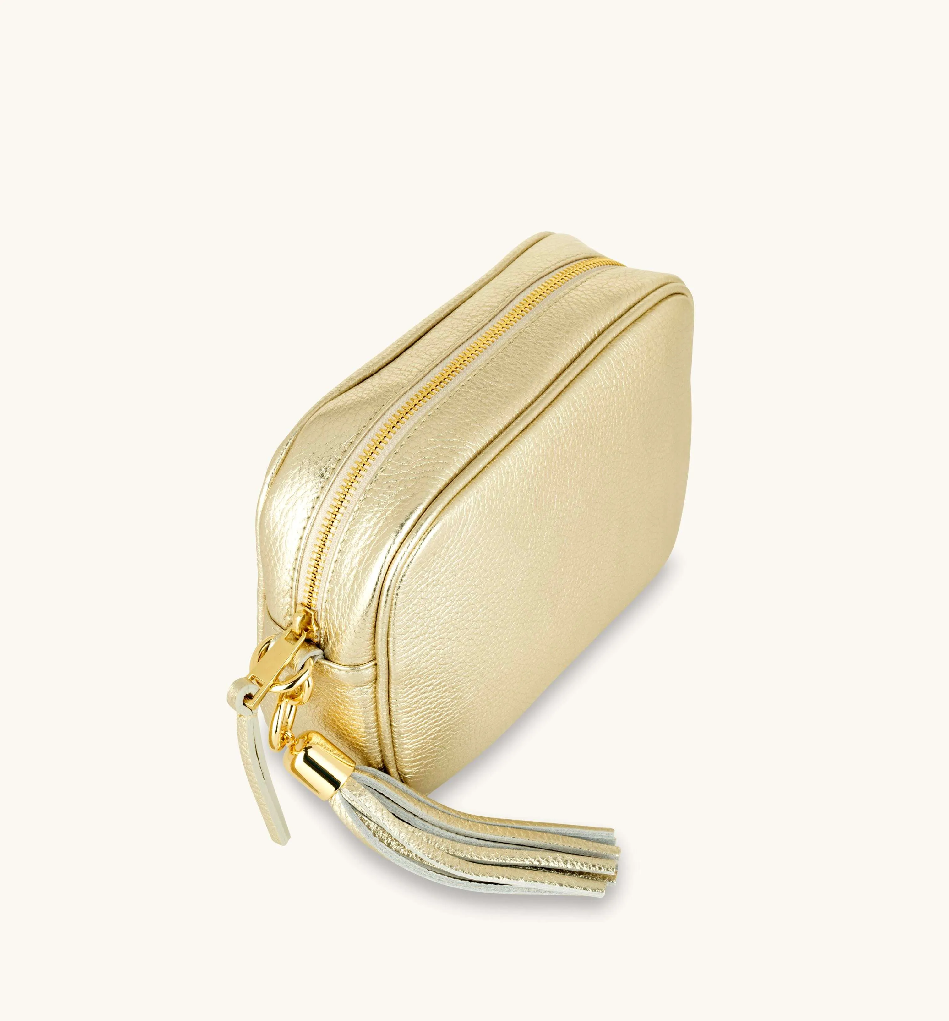 The Tassel Gold Leather Crossbody Bag With Tan Cheetah Strap