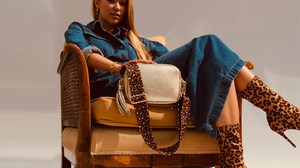 The Tassel Gold Leather Crossbody Bag With Tan Cheetah Strap