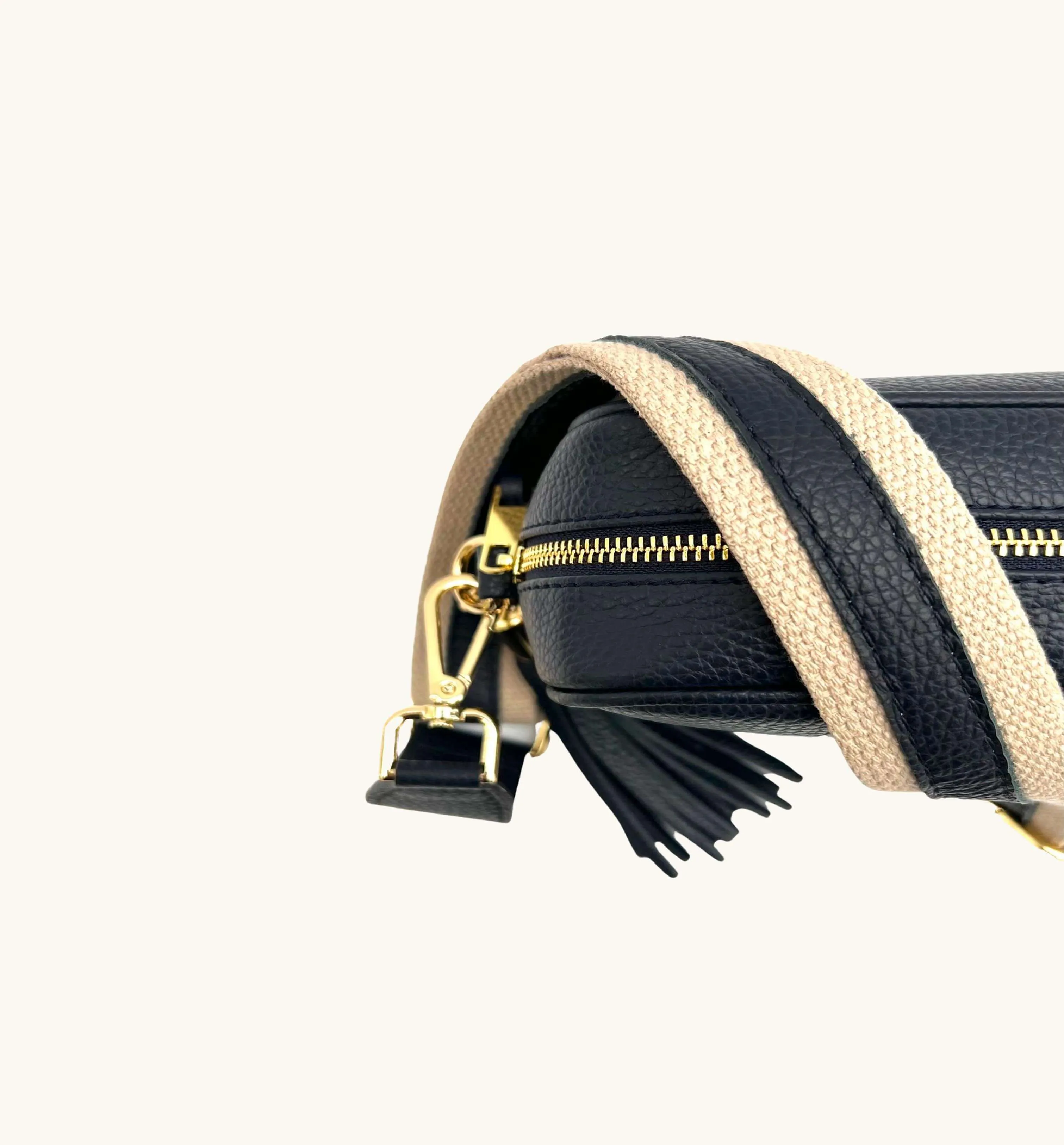 The Tassel Navy Leather Crossbody Bag With Leather & Canvas Strap