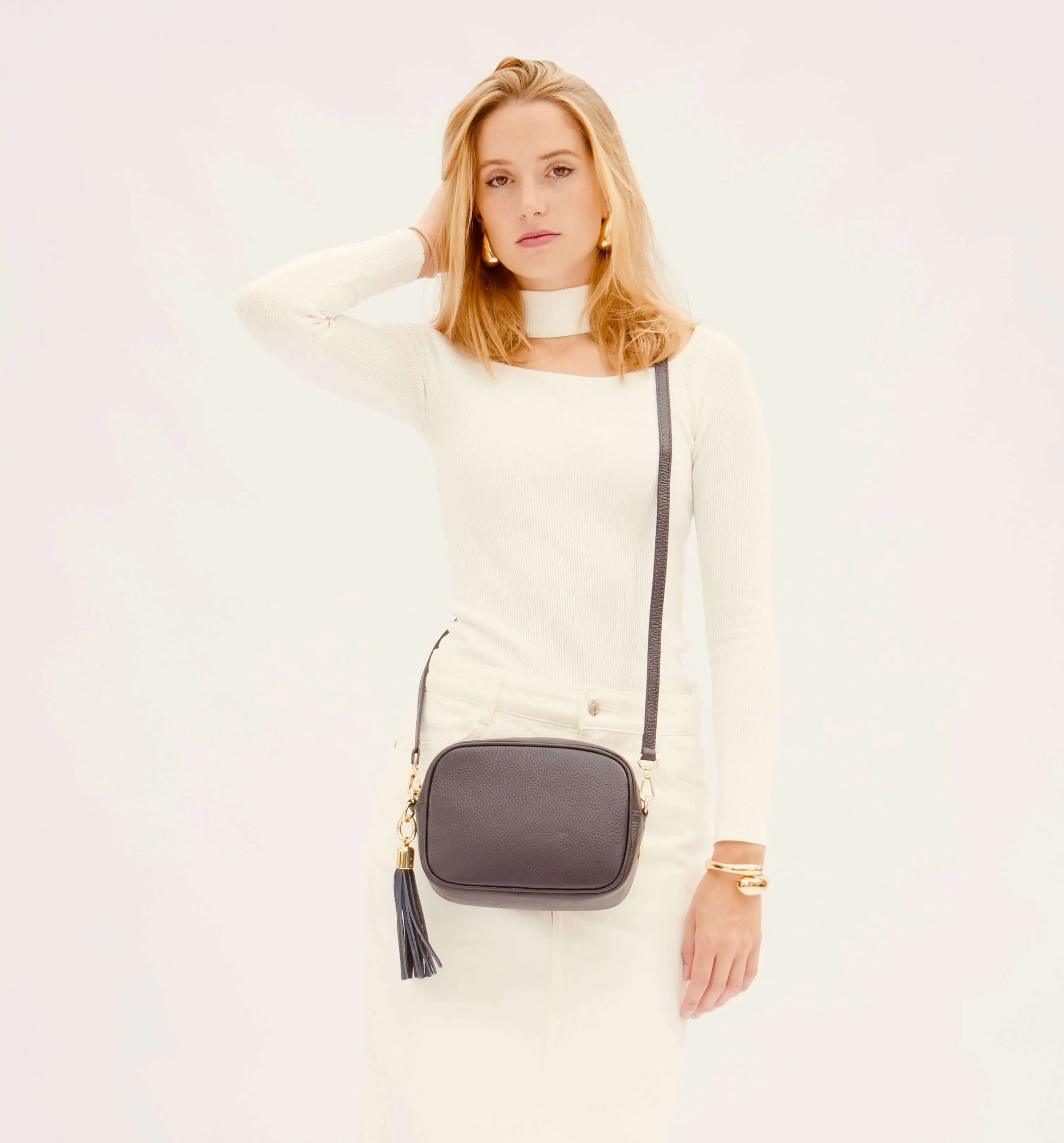 The Tassel Navy Leather Crossbody Bag With Leather & Canvas Strap