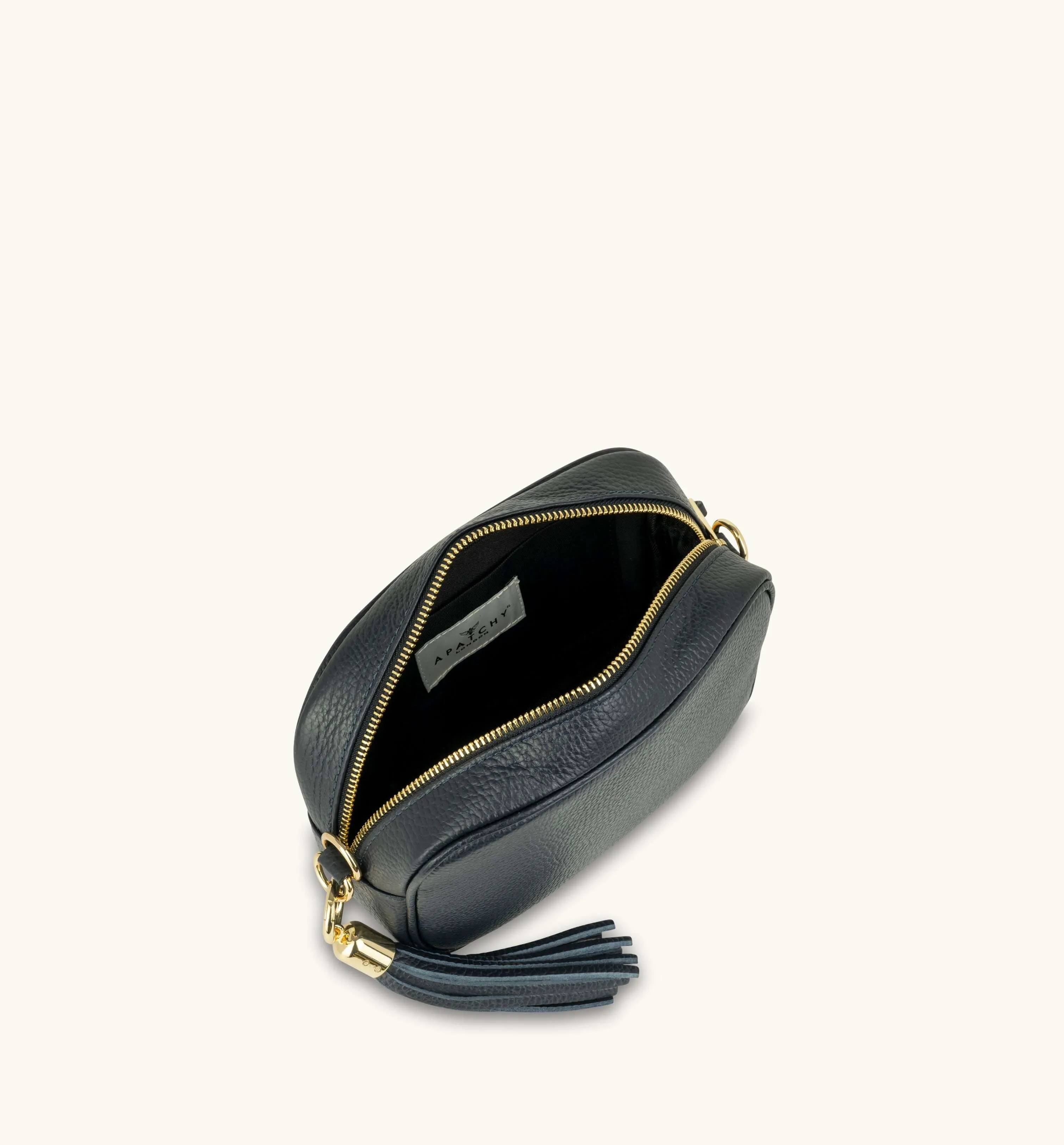 The Tassel Navy Leather Crossbody Bag With Navy Leopard Strap