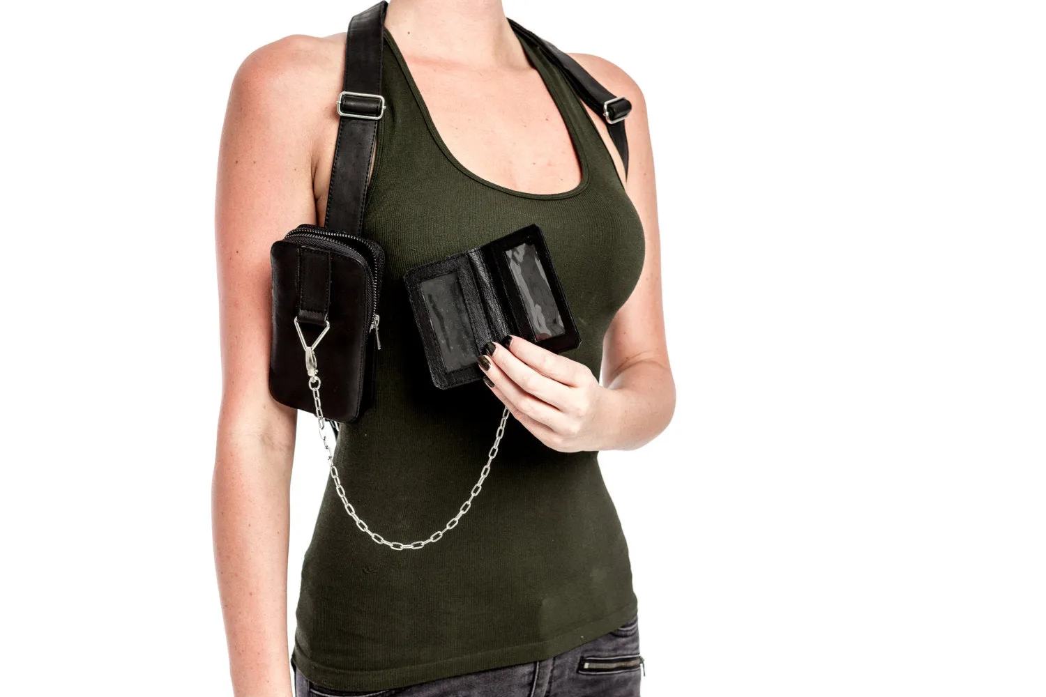 TRI ZIPPER Black Leather and Silver Backpack Utility Pack and Hip Bag