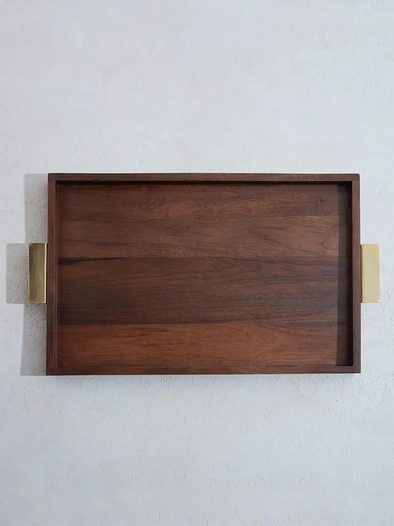 Westside Home Dark Brown Wooden Tray with Gold Handle