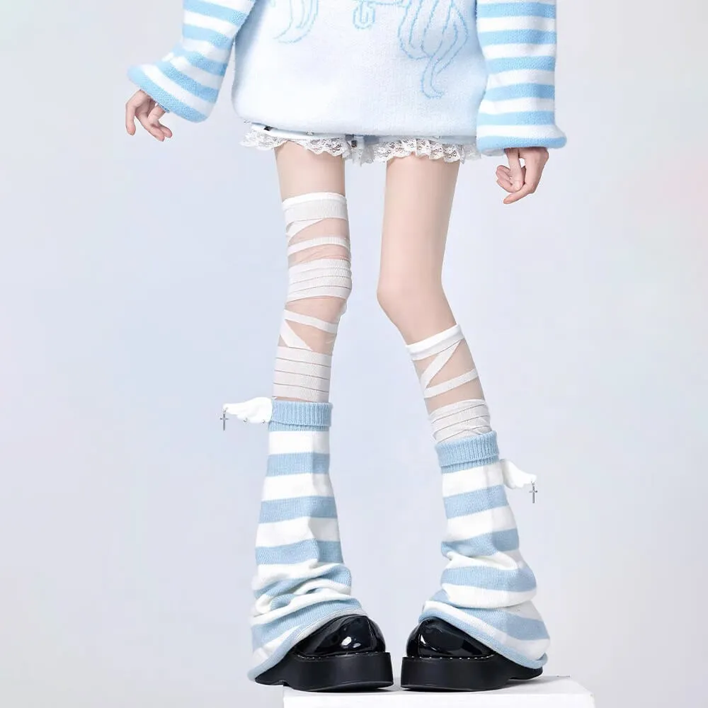 White Blue Striped Angel Flared Leg Warmers