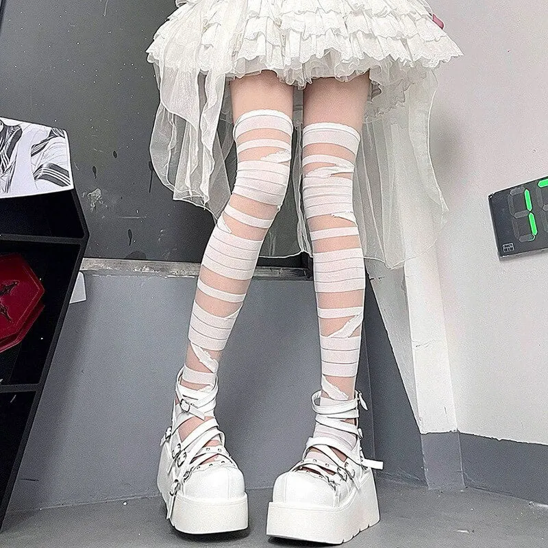 White Blue Striped Angel Flared Leg Warmers