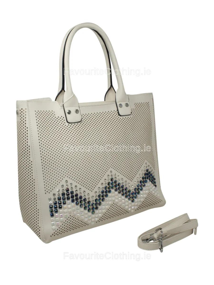 White Studded Zig Zag Decorative Tote Handbag Set