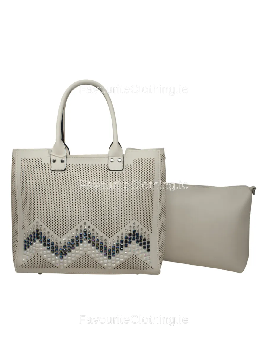 White Studded Zig Zag Decorative Tote Handbag Set