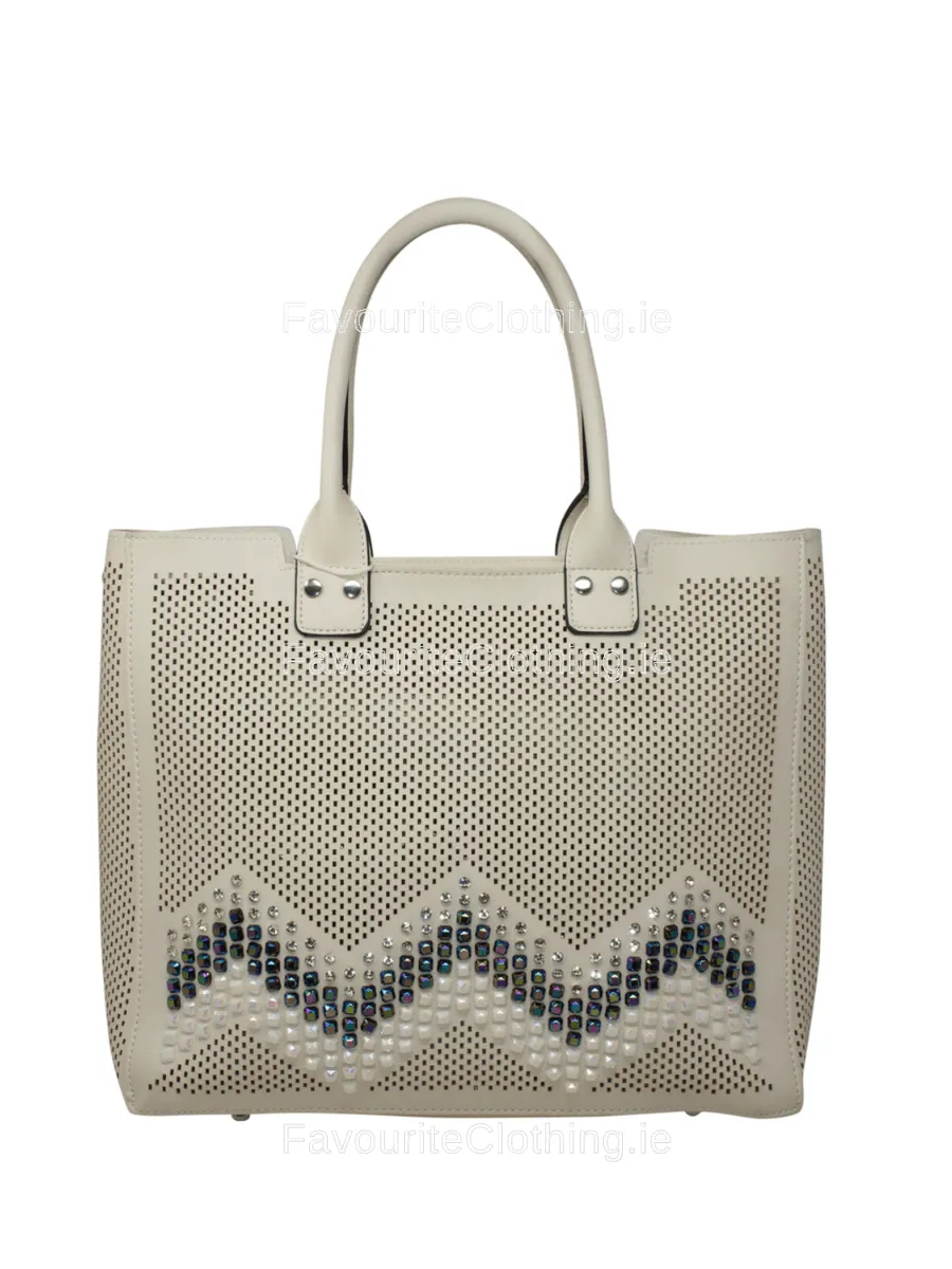 White Studded Zig Zag Decorative Tote Handbag Set