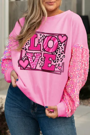 Wholesale Pink Plus Size Leopard LOVE Graphic Sequin Sleeve Sweatshirt
