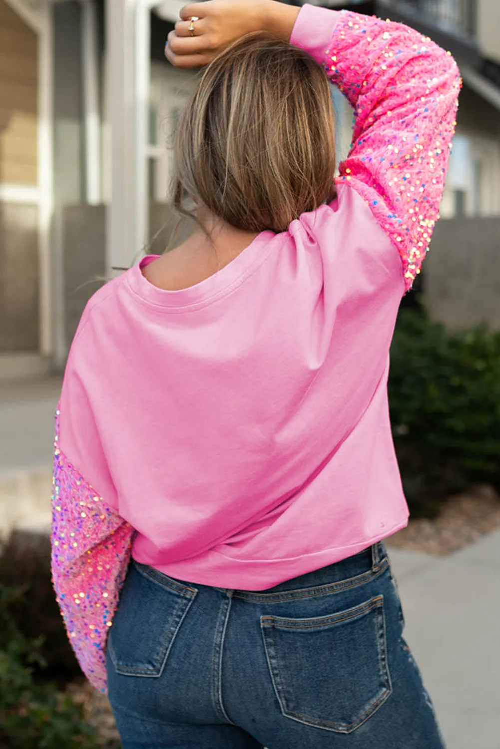Wholesale Pink Plus Size Leopard LOVE Graphic Sequin Sleeve Sweatshirt