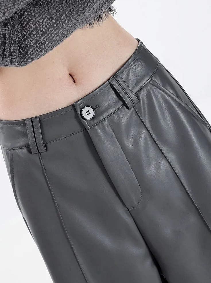 Wide Leg Single-Pleat Faux Leather Pants