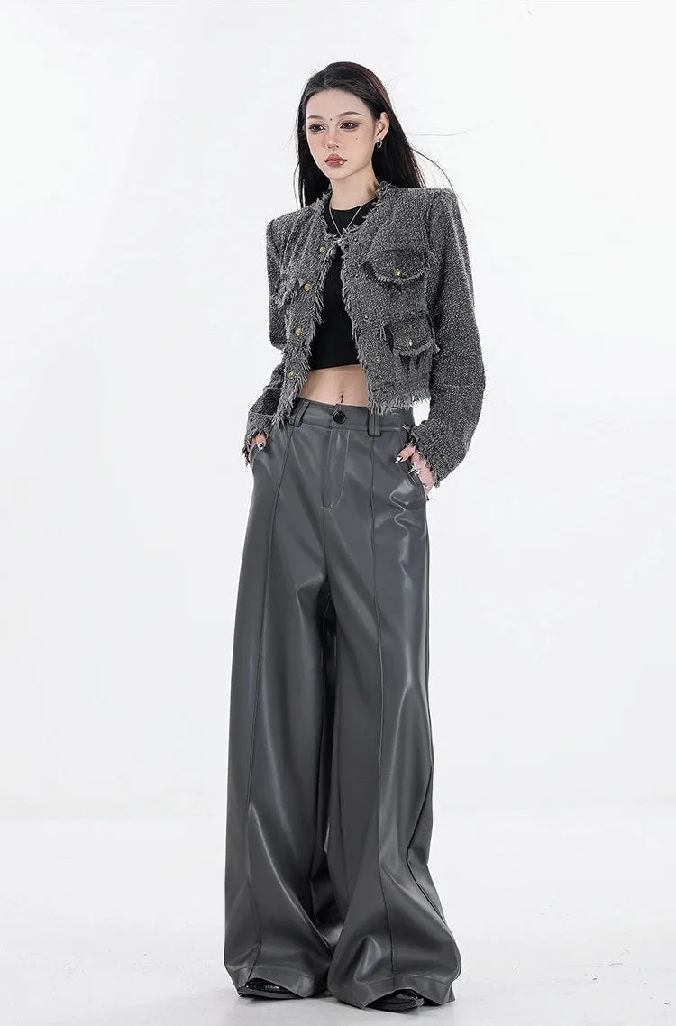 Wide Leg Single-Pleat Faux Leather Pants