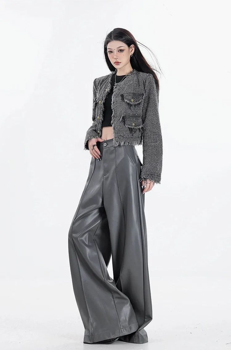 Wide Leg Single-Pleat Faux Leather Pants