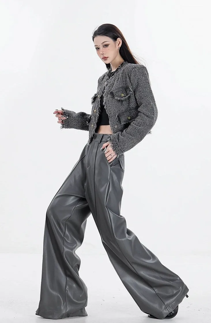 Wide Leg Single-Pleat Faux Leather Pants