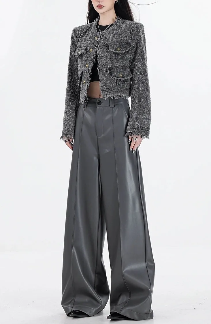 Wide Leg Single-Pleat Faux Leather Pants
