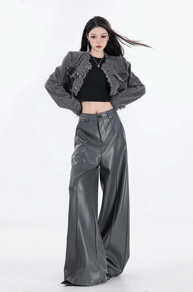 Wide Leg Single-Pleat Faux Leather Pants